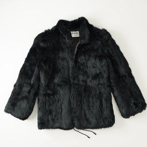 Vintage Jacques Saint Laurent Rabbit Fur Coat Zip Up Black Womens Size S
